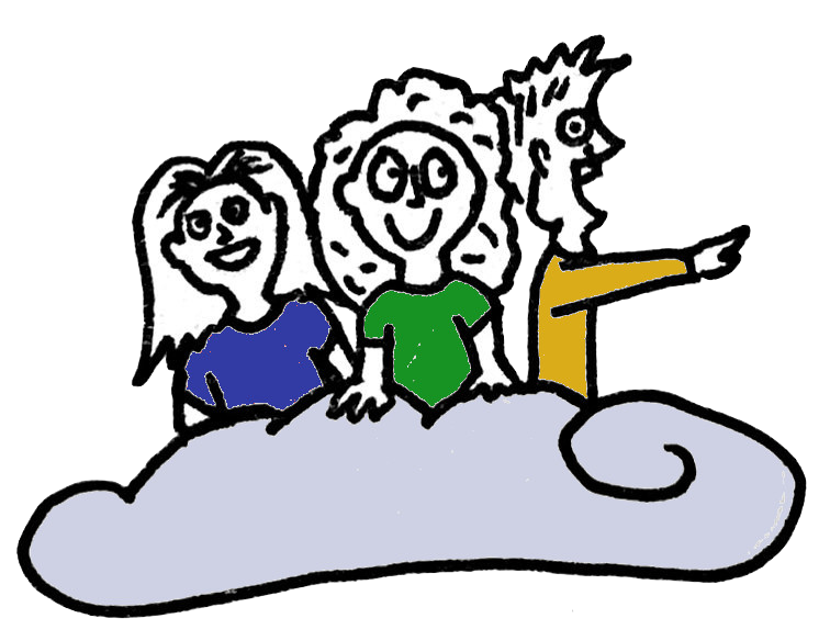 A black and white illustration of three people on a cloud